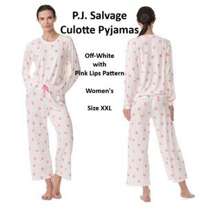 P.J. Salvage 2 Pc Culotte Pyjamas Off-White Pink Lips Buttery Soft Women's XXL